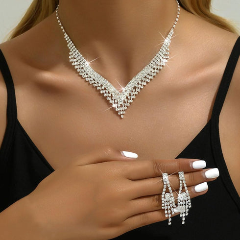 Unicra Silver Bride Wedding Jewelry Sets Crystal Bridal Necklace Earrings Set Rhinestone Costume Jewelry Set Prom Choker Necklace for Women and Br...