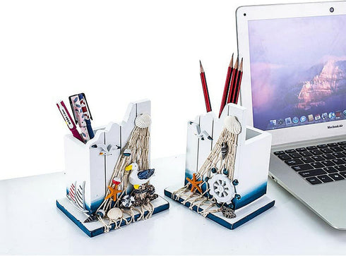 Nautical Wooden Pen Holder- Handcrafted Ocean Beach Sea Birds Mediterranean Theme Makeup Brush Organizer Ornaments-Coastal Stationery Gift...