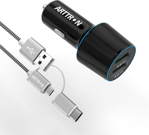 Fast USB Car Charger, Arttron Quick Charge 3.0 24W 4.8A Car Charger Adapter. with 3ft USB Type C &Micro 2 in 1 Fast Charging Cable,for iPhone/Sams...