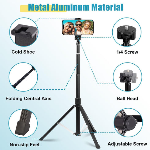 Phone Tripod, 63-inch Selfie Stick Tripod Compatible with iPhone/Camera/GoPro/Webcam, Lightweight Travel Phone Tripod with Phone Holder Mount/Wire...