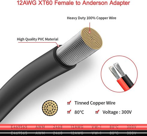XT60 to Anderson Adapter,12AWG XT60 Female to Anderson Connector Cable for RC Battery Solar Portable Power Power Station and Solar Panel(6FT)...