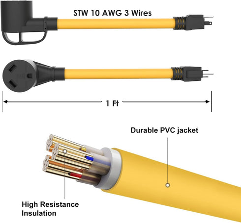 30 Amp to 110 RV Adapter Cord, NEMA 5-15P Male to TT-30R Female Electrical Power Dogbone with Grip Handle, Heavy Duty STW 10 Gauge for RV Trailer ...