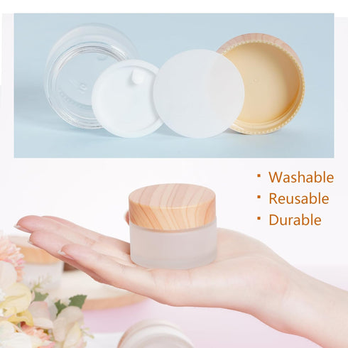 6Pcs Glass Cosmetic Containers with Wood Grain Lid Refillable Cosmetic Jar Frosted Glass Cream Container with Leak-proof Lid Empty Makeup Jar for ...