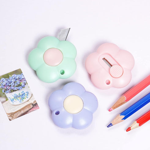 3 Pcs Mini Retractable Utility Knife Flower Pocket Box Cutters Plastic Letter Opener Slide Open with Keychain Hole for Box Letter Envelope, Flower...