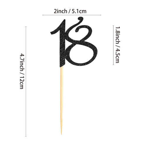Sumerk 24PCS 18 Cupcake toppers Black Glitter 18th Birthday Cupcake Picks Anniversary Party Decorations...
