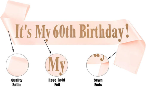 MGJSRNH Headband and Sash, 60th Birthday Rhinestone Crown and Glitter Sash for Women's Birthday Party, Rose Gold...