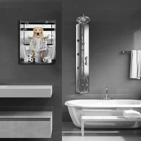 Golden Retriever Canvas Wall Art Black and White Funny Pictures Farmhouse Bathroom Wall Decor Dog Sitting in Toilet Painting for Toilet Bathroom D...