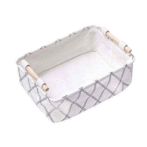 Decorative Collapsible Rectangular Fabric Storage Bin Organizer Basket with Wooden Handles for Clothes Storage,12.6x8.7x4.7 inch,White...
