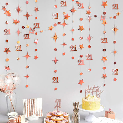 Rose Gold Number 21 Circle Dot Twinkle Star Garland Kit Metallic Hanging Streamer Bunting Banner Backdrop Decoration for Girls 21st Birthday Final...