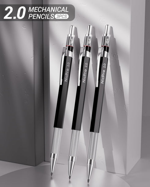 Nicpro 2mm Metal Mechanical Pencil Set with Case, 3PCS Lead Pencil Holder 2.0 mm with 144PCS Lead Refills (4H 2H HB 2B 4B 6B Color), Eraser, Sharp...