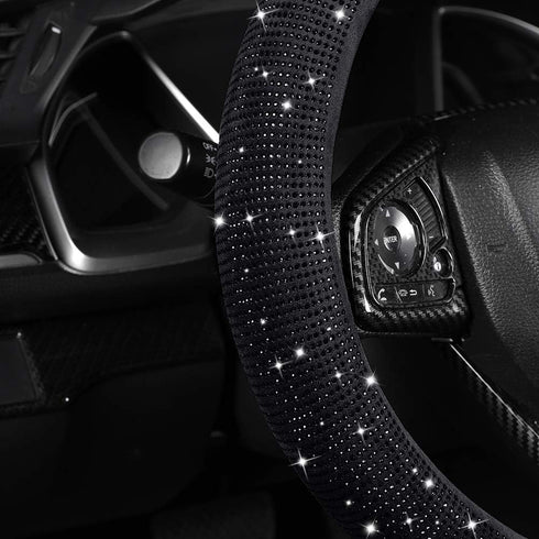 Women Fashion Black Velvet Bling Steering Wheel Cover with Black Diamonds, 15 inch Standard Glitter Rhinestone Car Wheel Cover Sparkling, Full Cov...