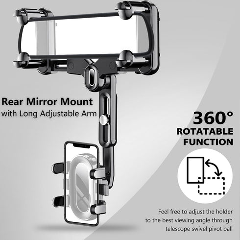 PKYAA Rearview Mirror Phone Holder for Car, 360° Rotating Rear View Mount with Adjustable Arm Length, Upgraded Four Corners Fixed Anti-Shake Multi...