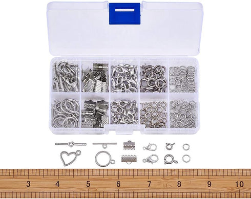 Pandahall 1 Box Jewelry Making Finding Kits with Lobster Clasps/Spring Clasps/Toggle Clasps/Ribbon Ends/Jump Rings (Platinum)...