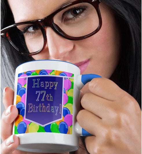 3dRose Balloons With Purple Banner Happy 77th Birthday Two Tone Mug, 11 oz, Blue...