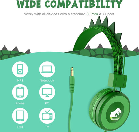 QearFun Dinosaur Headphones for Boys Kids for School,Kids Wired Headphones with Microphone & 3.5mm Jack,Teens Toddlers Noise Cancelling Headphone ...
