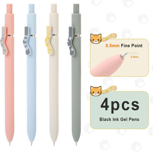 FIOVER Cat Pens,4Pcs Gel Pens, 0.5mm Quick Dry Black Ink Pens Fine Point Smooth Writing Pen, High-End Series Pens Ballpoint for Journaling Note Ta...