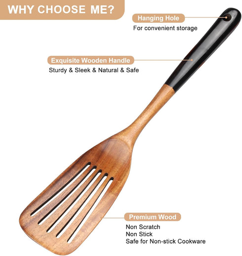 2 Pcs Best Wooden Spatula Set for Cooking Kitchen Slotted Turner Spatula Flat Wood Wok Spatula Non Stick Cooking Utensils for Frying Mixing Teak F...