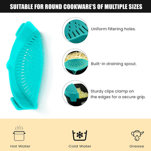 Clip On Kitchen Food Strainer for Spaghetti, Meat, Pasta, & Ground Beef Grease, Colander & Sieve Snaps or Clips Onto Bowls, Pots & Pans Includes S...