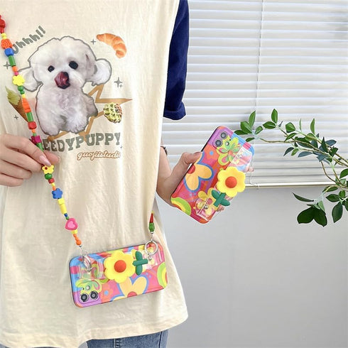 Lanyard Case Compatible with iPhone 13 Pro Max Case,Crossbody case with Strap and Wrist Band Kickstand, Unique Cute Kawaii Colorful Painting Flowe...