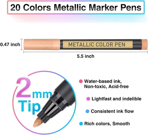 JR.WHITE Metallic Paint Markers, 20 Colors Paint Pen Craft Markers for Art, Rock Painting, Photo Albums, Scrapbooking, Black Paper, Mug, Wood, Eas...