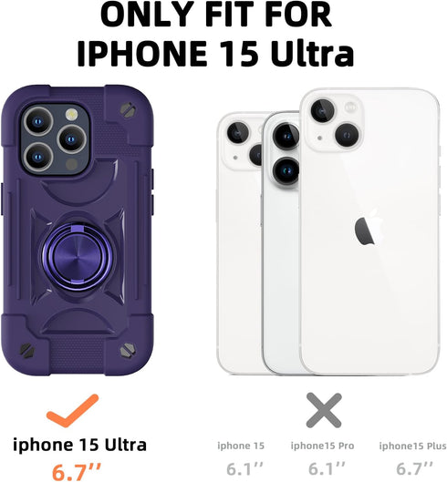 Compatible with iPhone 15 Pro max Case 6.7" - Heavy-Duty Shockproof Military-Grade Rugged Cover with Ring Stand, Glass Screen Protector & Camera L...