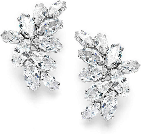 Mariell Clip-On Cubic Zirconia Crystal Bridal Earrings, Marquis Shape CZ Curved Clusters, Non-Pierced Earrings for Wedding, Bridesmaids, Homecomin...