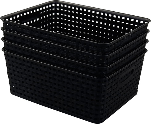 Asking 4-Pack Plastic Weave Storage Basket, Black Plastic Storage Baskets Organizing...