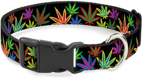 Buckle-Down Plastic Clip Collar - Multi Marijuana Leaves Black/Multi Color - 1/2" Wide - Fits 9-15" Neck - Large...
