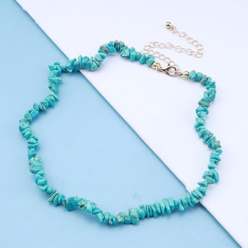 Boho Turquoise Bead Choker Necklace Short Irregular Turquoise Necklace Blue Gemstone Beaded Necklace Natural Stone Necklace Chain Jewelry for Wome...