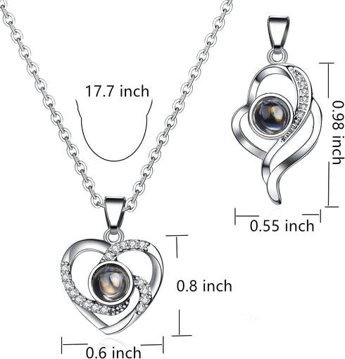 NW 2 pcs Pendants i love you necklace in 100 languages Projection Heart Pendant necklace for women mother with led light heart gift box SLIVER...
