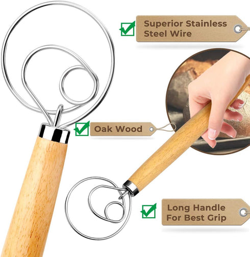 Danish Dough Whisk Bread Mixer?2 Pack Premium Stainless Steel Dutch Whisk With a Dough Scraper for Bread, Pastry or Pizza Dough - Perfect Baking...