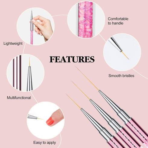 SAVILAND 6pcs Nail Art Liner Brushes Set - Nail Brush Gel Polish Painting Nail Art Design Brushes Pen with Crushed Diamond Rhinestone Handle for P...