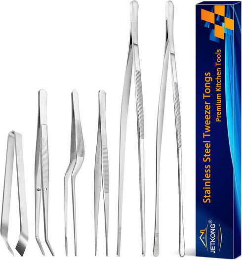 JETKONG 6 Pcs Cooking Tweezer Tongs, 12'' and 6.3" Stainless Steel Kitchen Tweezer Set, Professional Chef Tweezers for Cooking, Repairing, Sea Foo...