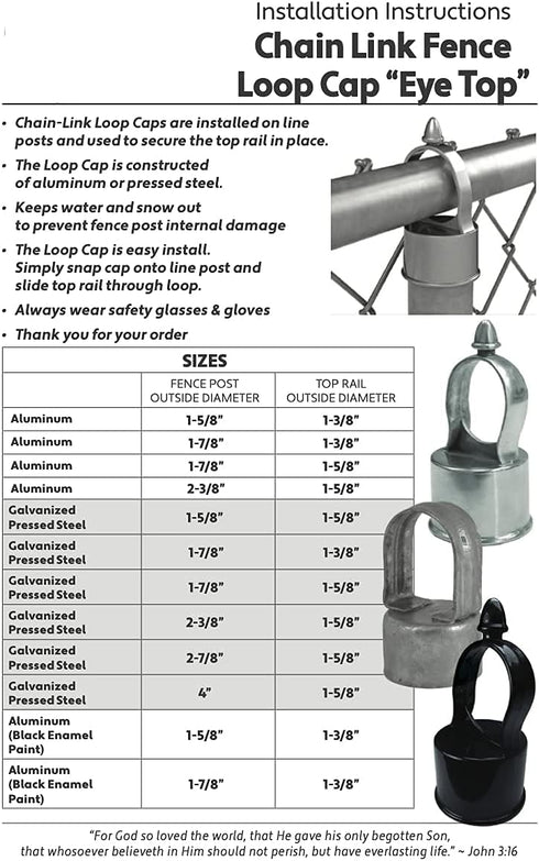 Jake Sales Chain Link Fence Loop Cap Eye Top - Use for 2-3/8" Outside Diameter Fence Posts and 1-5/8" Top Rail Outside Diameter Pipe - Galvanized ...