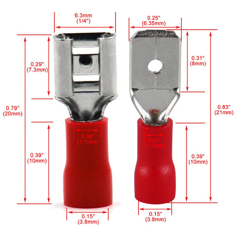 Baomain Male & Female quick disconnects Vinyl Insulated Spade Wire Connector Electrical Crimp Terminal 22-16 AWG 6.3mm Red Pack of 100...