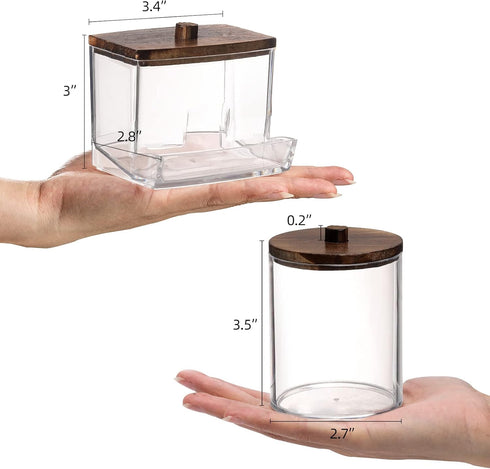 Tbestmax Qtips Holder Bathroom Container, 10/7 OZ Cotton Ball/Swabs Dispenser, Apothecary Jar Organizer for Storage Brown Wood Lids...