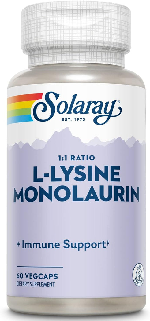 SOLARAY L-Lysine Monolaurin Immune Support Supplement, 1:1 Ratio for Immune System Function, Skin and Gut Health Support, 500 mg Each, 60-Day Mone...