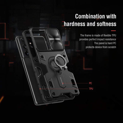 Galaxy S21 Ultra Case with Ring Kickstand,CamShield Armor with Slide Metal Camera Cover, PC & TPU Impact-Resistant Bumpers Protective for Samsung ...