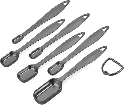 Accurate 18/8 Stainless Steel Measuring Spoons, Heavy Duty Good Handle Set of 6 Measuring Spoon with Ring Connector, Dark Grey...