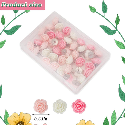 40Pcs Rose Theme Push Pins Rose Thumb Tacks Decorative Flower Cork Board Tacks for Bulletin Board, Photos Wall Maps and Other Offices Schools Supp...