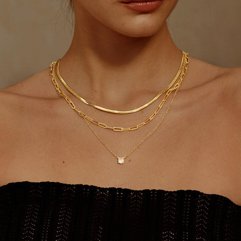 MBW Gold Layered Set Necklaces for Women, Dainty 14K Gold Plated Layered CZ Pendant Necklaces Simple Gold Herringbone Snake Choker Cuban Link Pape...