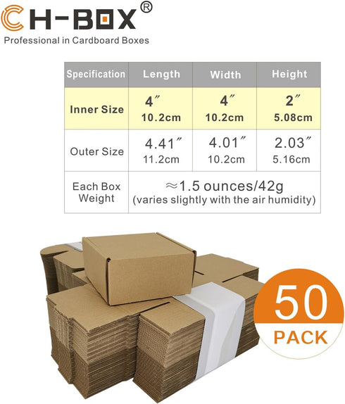 50 Pack 4x4x2'' Small Shipping Boxes, Corrugated Cardboard Mailers for Business, Kraft (CM442K)...