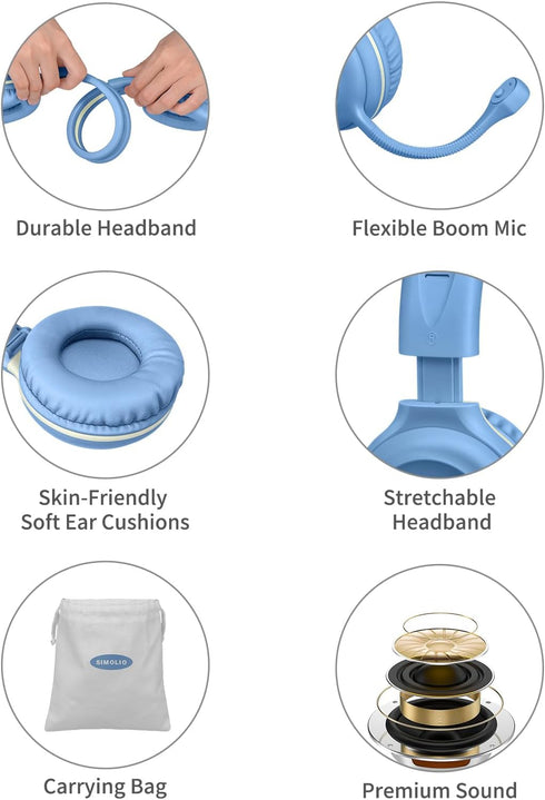 SIMOLIO Kids Headphones Wired with Microphone for Virtual School & Gaming, Safe Volume Cord Headphone with Flexible Rotatable Mic for Boys, Teens,...