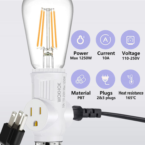 Light Socket to Plug Adapter,2/3 Prong Convert Light Socket Outlet,Light Socket Adapter Splitter Converter for Garage Porch,Light Bulb Plug Adapte...