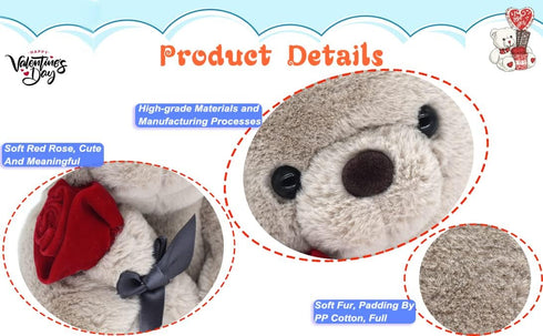 9.8'' Teddy Bear with Rose, Soft Plush Bear Doll Stuffed Animals Toys Valentines Day Decor Gifts for Her/Girlfriend Lover Mom Kids (Gray)...