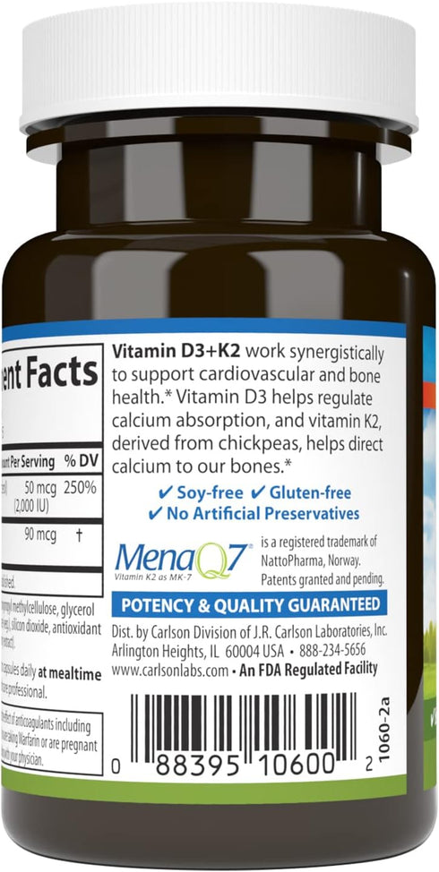 Carlson - Vitamin D3 + K2, 50 mcg (2000 IU) Vitamin D3 & 90 mcg Vitamin K2 as MK7, Bone Support, Calcium Absorption, 30 Capsules...