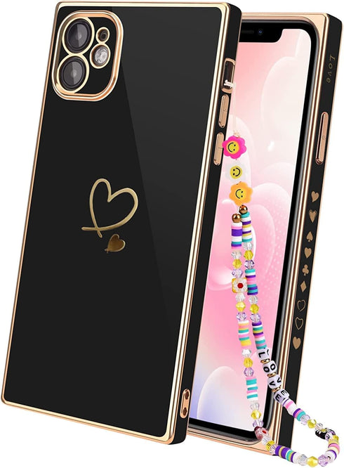 Luxury Square Case Compatible with iPhone 11, Cute Plating Gold Love Heart Pattern iPhone 11 Cover for Women & Girls Soft TPU Full Camera Lens Pro...