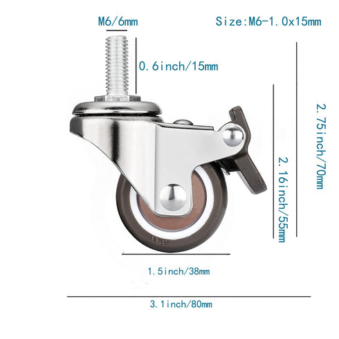 Stem Casters, 360 Degree Swivel Stem TPR Wheels with Metric M6-1.0x15mm Thread Rods Replacement Industrial Castors for Carts, Furniture, Dolly, Wo...