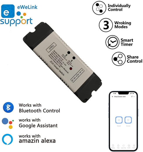 2 Channel EWelink Wireless Switch with Enclosure WiFi Switch Module Remote Control DIY Smart Home Bluetooth Relay 7-32V Power Input Compatible wit...