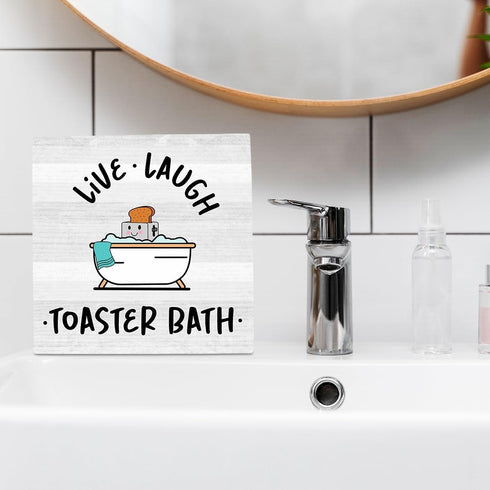 Live Laugh Toaster Bath Sign, Funny Bathroom Decor, Gift for Dark Humor Lover Wooden Sign 5 x 5 inch, Farmhouse Guest Half Bathroom Dark Humor Dec...